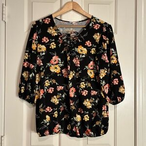 PerSeption Concept Black Blouse with Colorful Floral Design